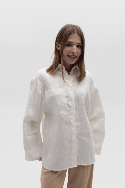 Лляна сорочка (2440) з дуже широкими рукавами, 161,молочний, 34 2440 фото